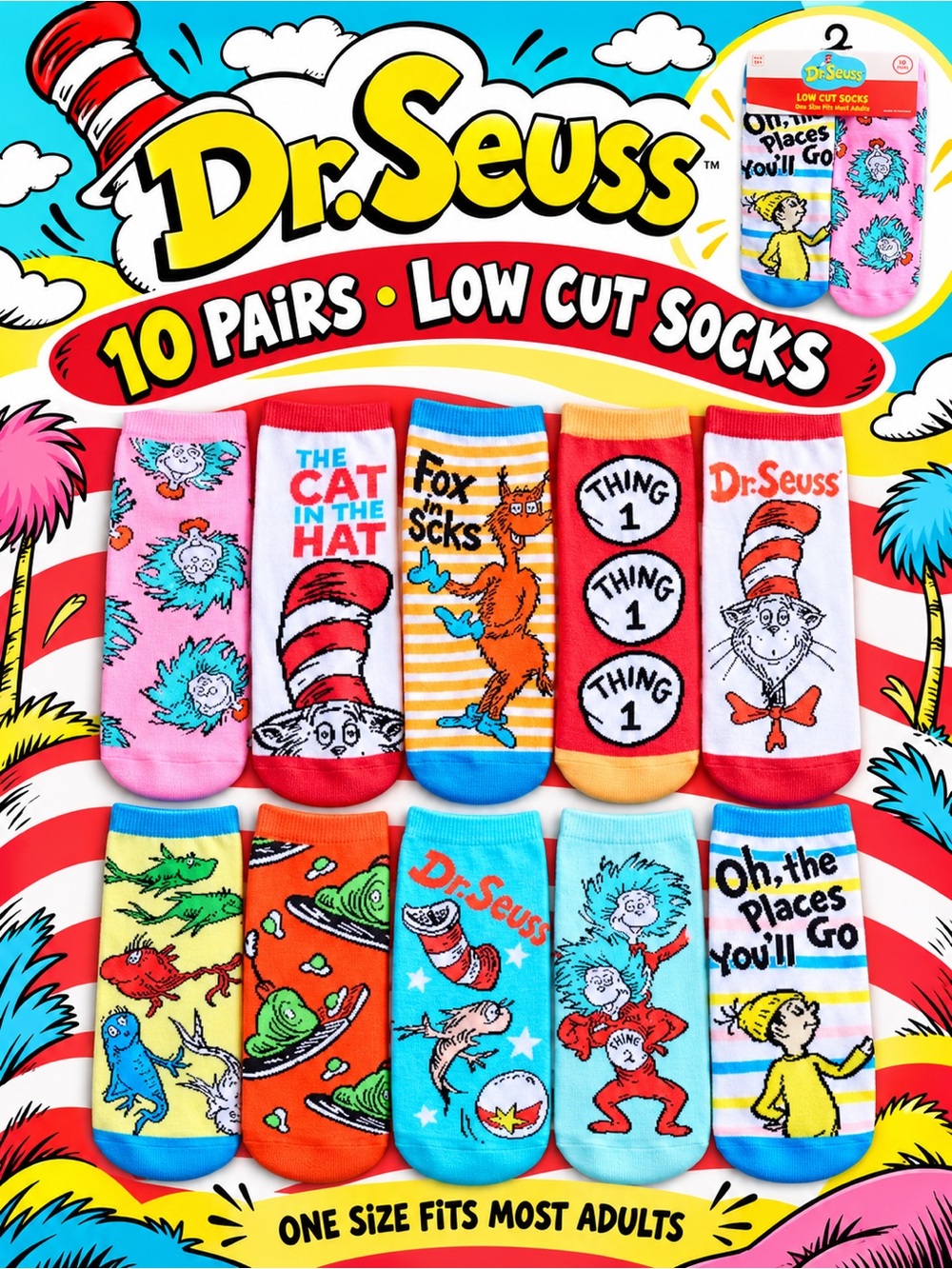 Dr. Seuss Low Cut Socks – Pink, Blue, Yellow & White Character Pair